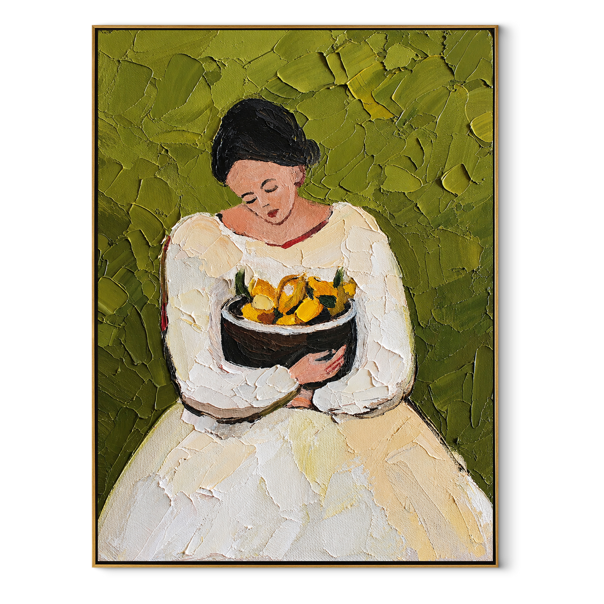 Lemon Bowl Rests Gently – woman holding bowl of lemons, Retro Modern vertical wall art - wood frame on white background