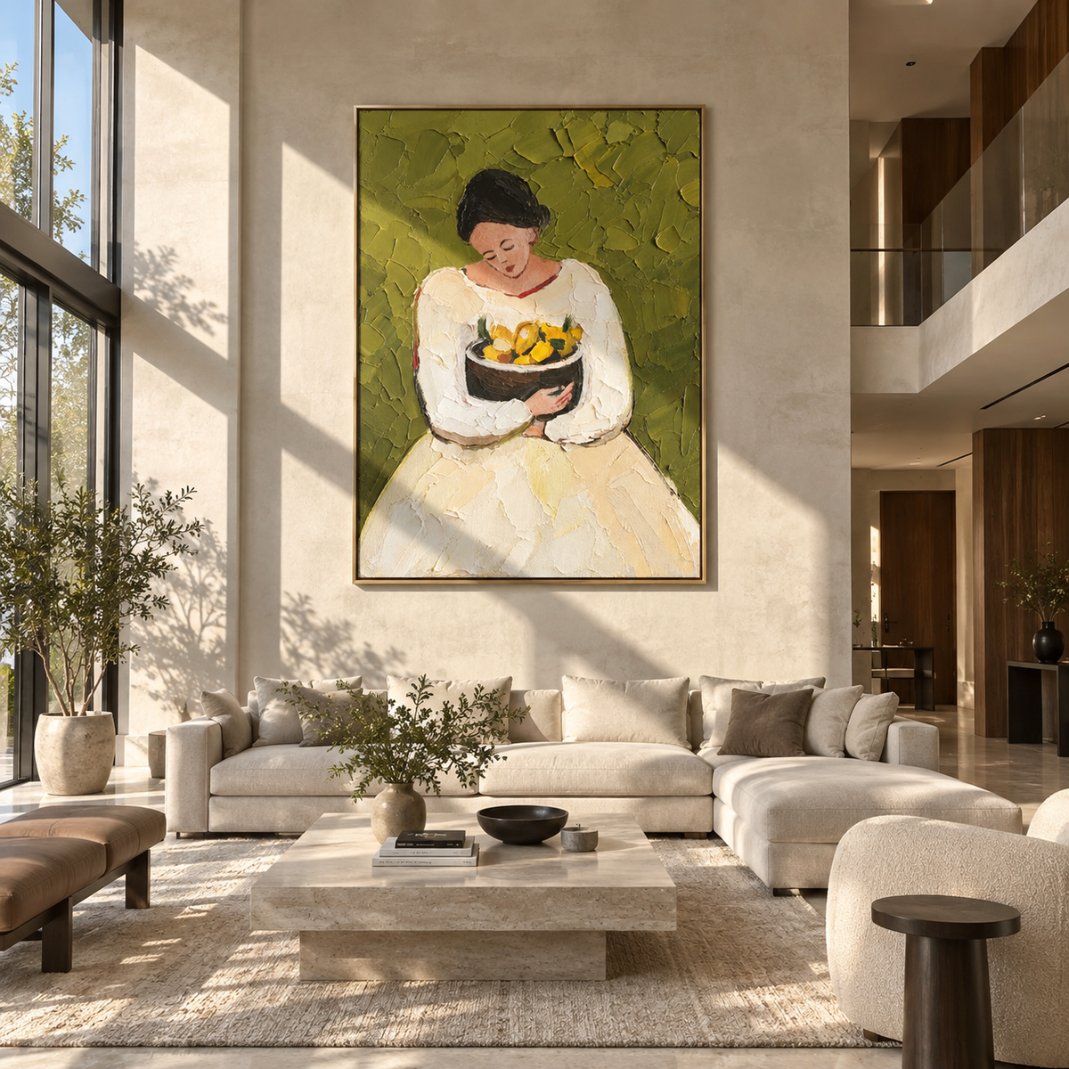 Lemon Bowl Rests Gently – woman holding bowl of lemons, Retro Modern vertical wall art - displayed along a stair landing