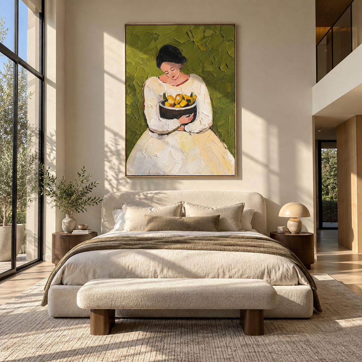 Lemon Bowl Rests Gently – woman holding bowl of lemons, Retro Modern vertical wall art - displayed above a narrow living room console