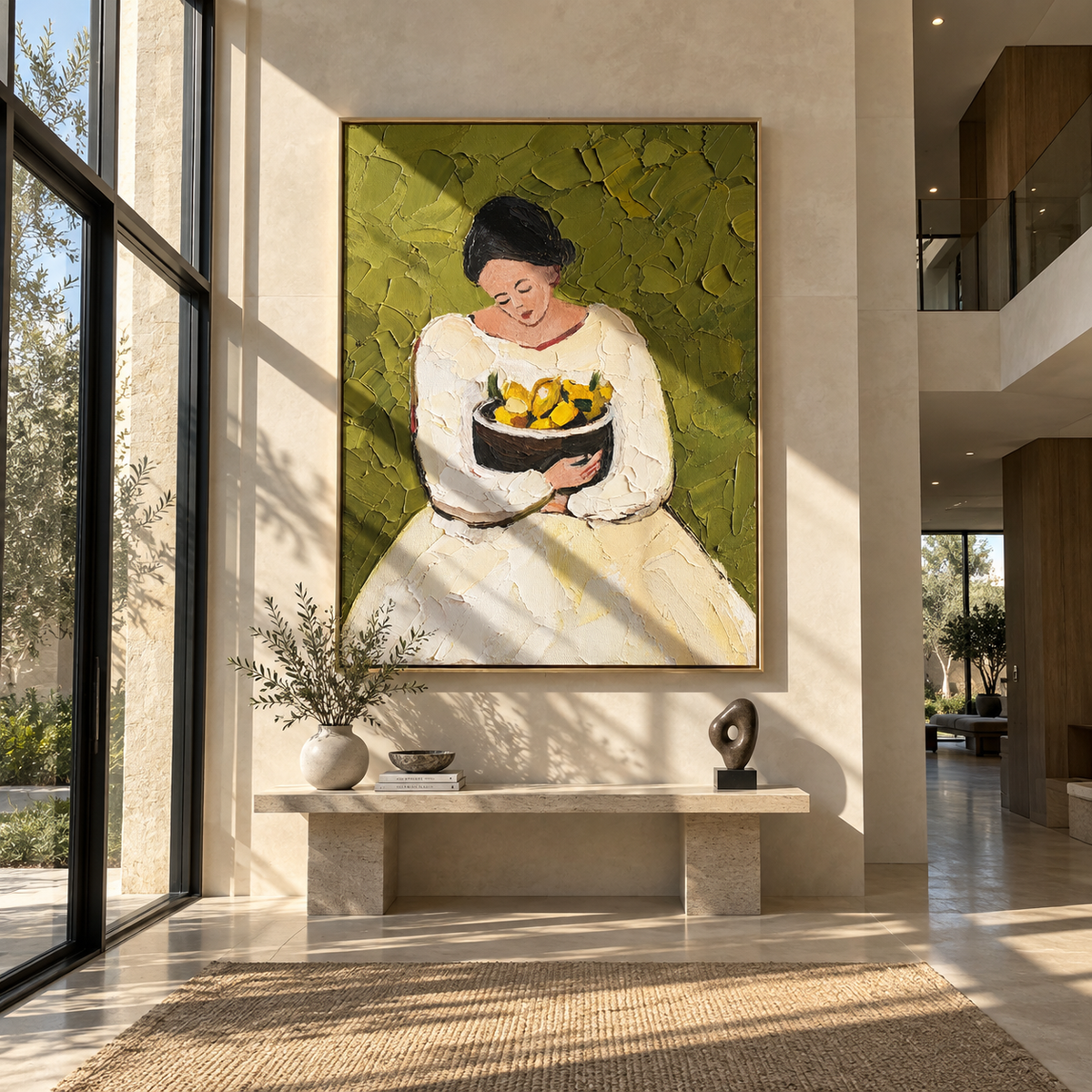 Lemon Bowl Rests Gently – woman holding bowl of lemons, Retro Modern vertical wall art - displayed in a quiet reading corner