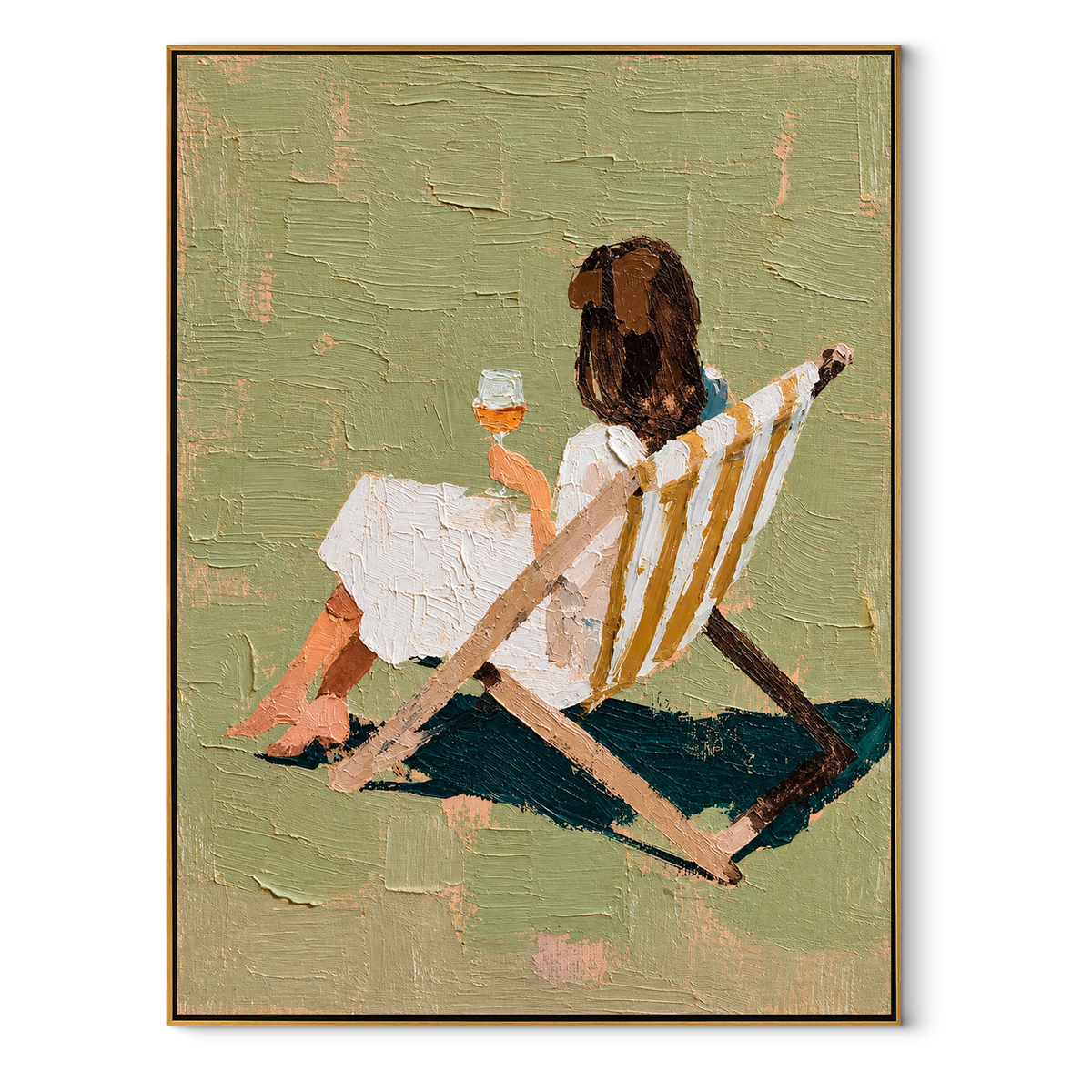 Striped Chair Faces Sunset – seated woman holding wineglass, Retro Modern vertical wall art - wood frame on white background