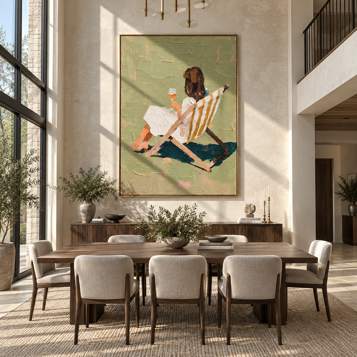 Striped Chair Faces Sunset – seated woman holding wineglass, Retro Modern vertical wall art - displayed through an entryway