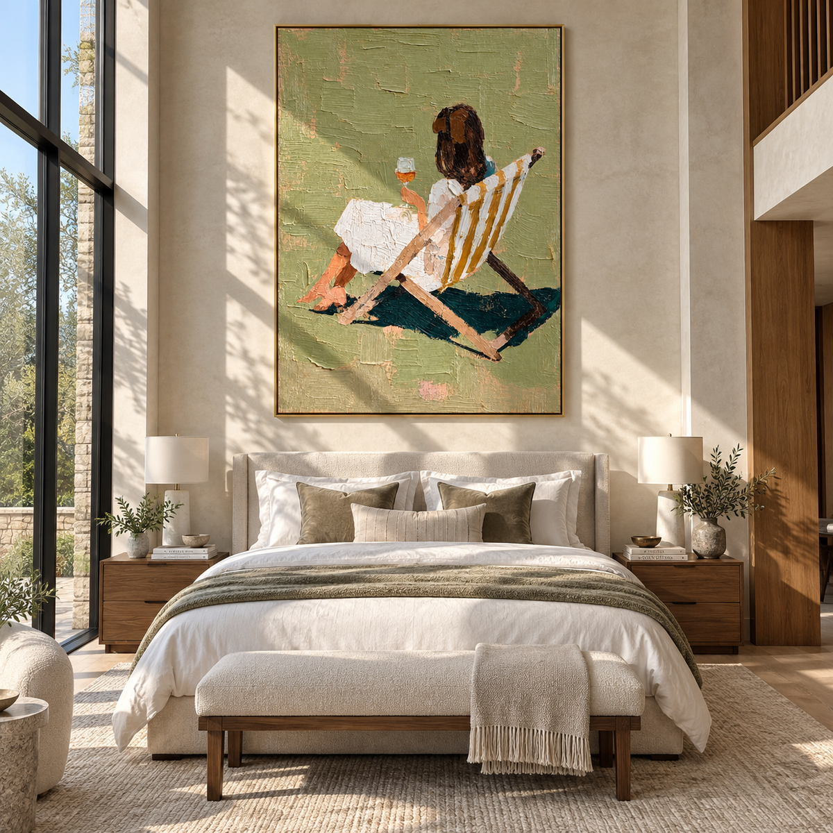 Striped Chair Faces Sunset – seated woman holding wineglass, Retro Modern vertical wall art - displayed in a quiet reading corner