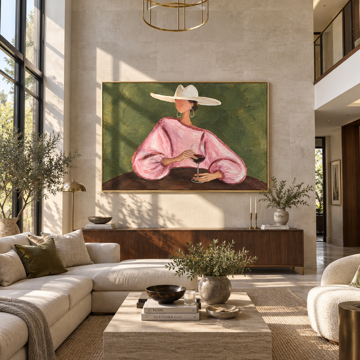 Pink Sleeves Hold Wine – pink sleeve woman holding wine, Retro Modern horizontal wall art - displayed above a living room sofa