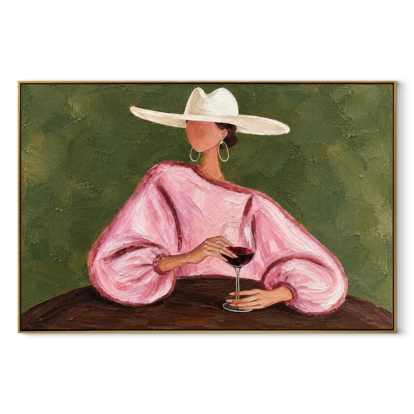 Pink Sleeves Hold Wine – Pink Sleeve Woman Holding Wine Painting | Retro Modern Horizontal Wall Art