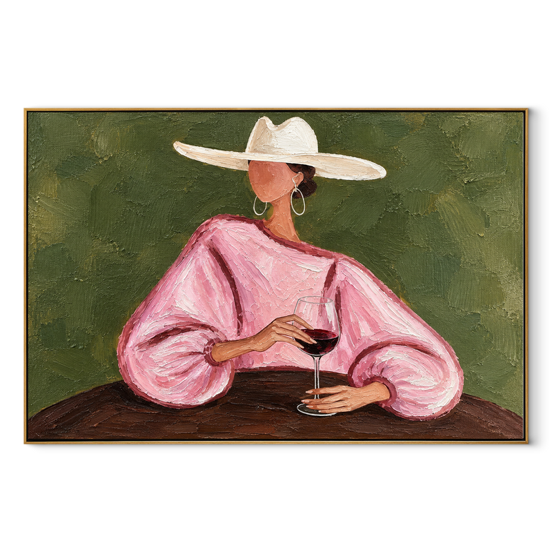 Pink Sleeves Hold Wine – Pink Sleeve Woman Holding Wine Painting | Retro Modern Horizontal Wall Art