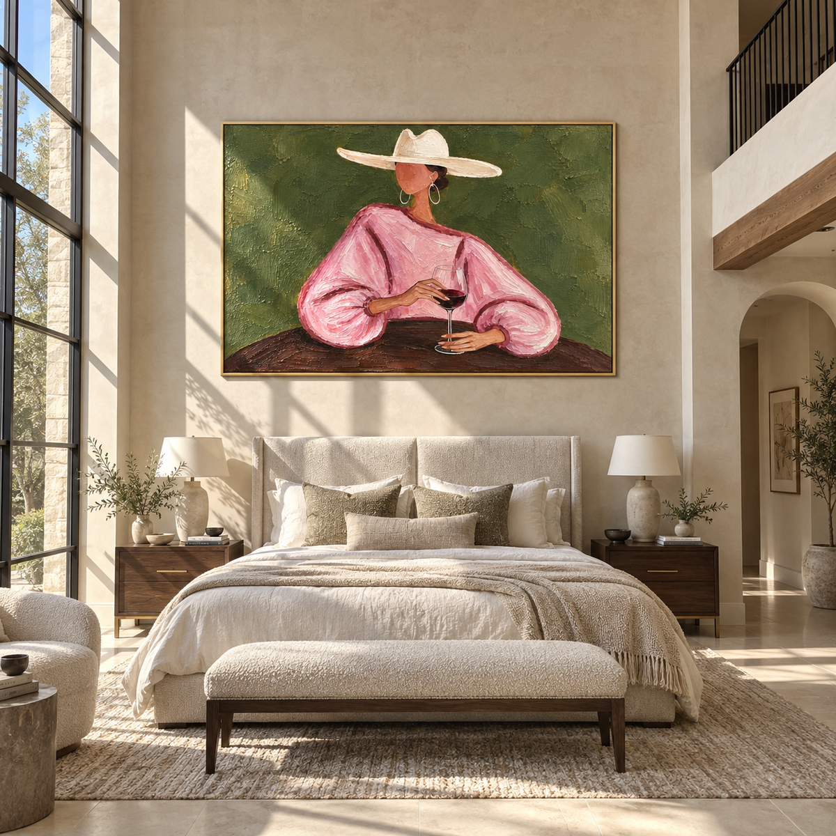 Pink Sleeves Hold Wine – pink sleeve woman holding wine, Retro Modern horizontal wall art - displayed beside a dining sideboard