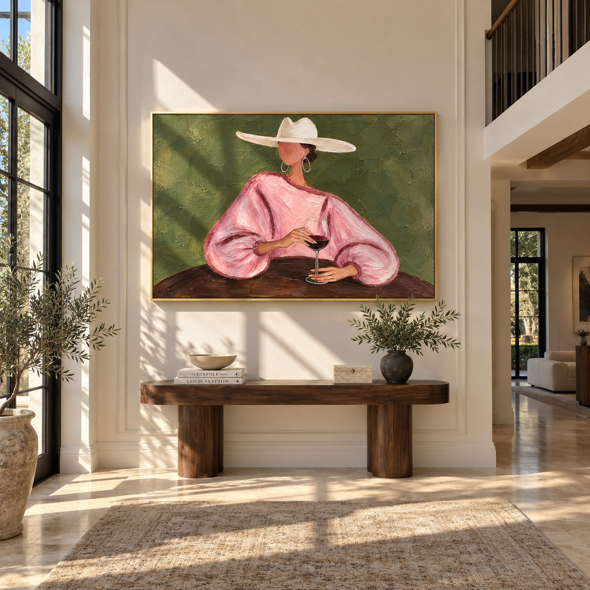 Pink Sleeves Hold Wine – pink sleeve woman holding wine, Retro Modern horizontal wall art - displayed over a home office credenza