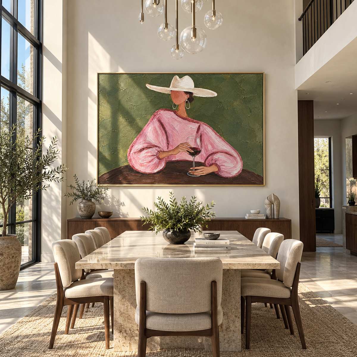 Pink Sleeves Hold Wine – pink sleeve woman holding wine, Retro Modern horizontal wall art - displayed in an open-plan lounge