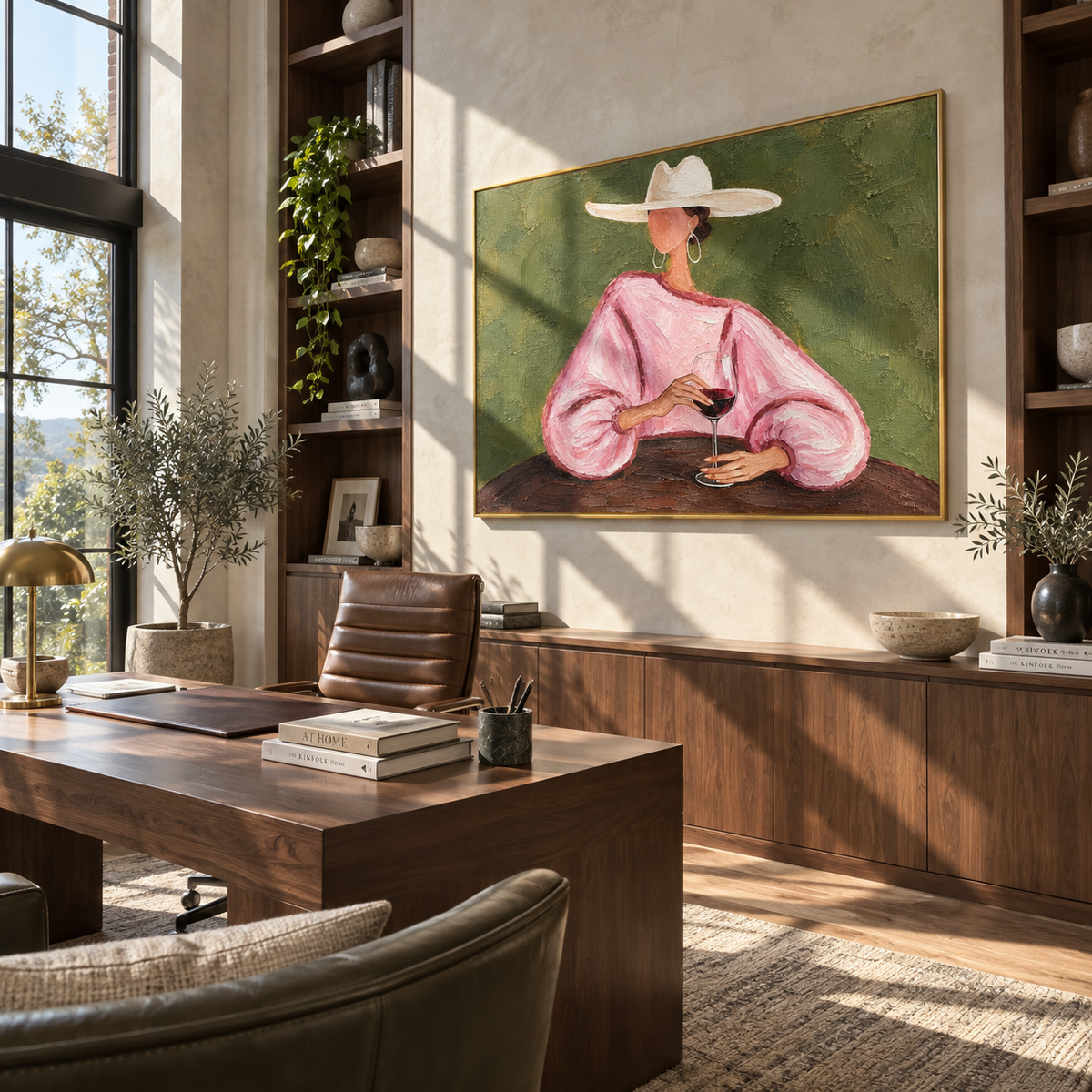 Pink Sleeves Hold Wine – pink sleeve woman holding wine, Retro Modern horizontal wall art - displayed above a long oak cabinet