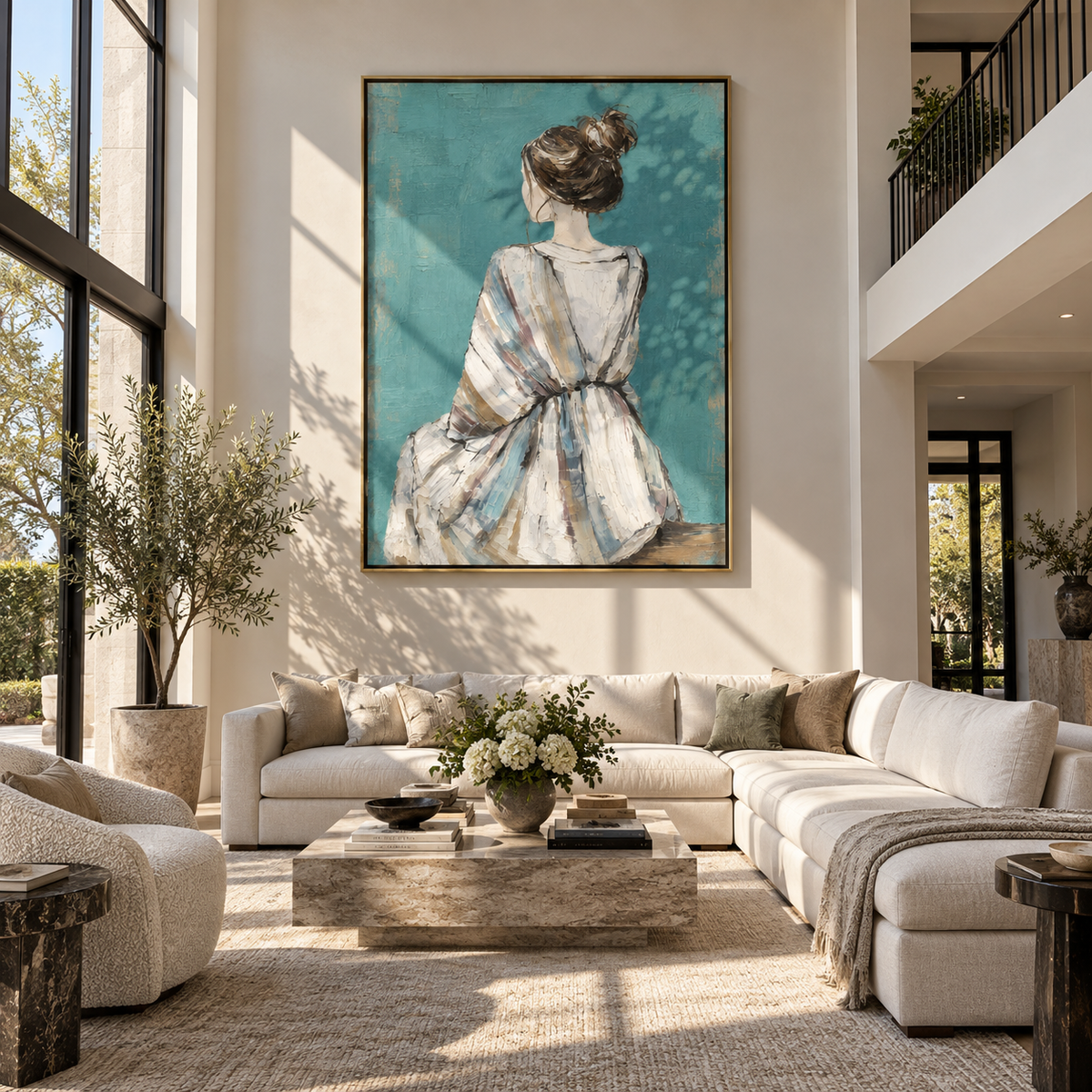 Blue Dress Faces Stillness – back facing woman in blue dress, Retro Modern vertical wall art - displayed beside a bedroom dresser