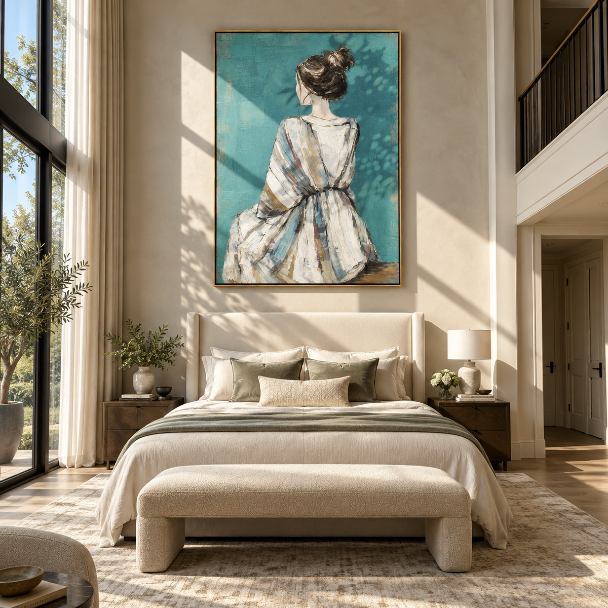 Blue Dress Faces Stillness – back facing woman in blue dress, Retro Modern vertical wall art - displayed through an entryway