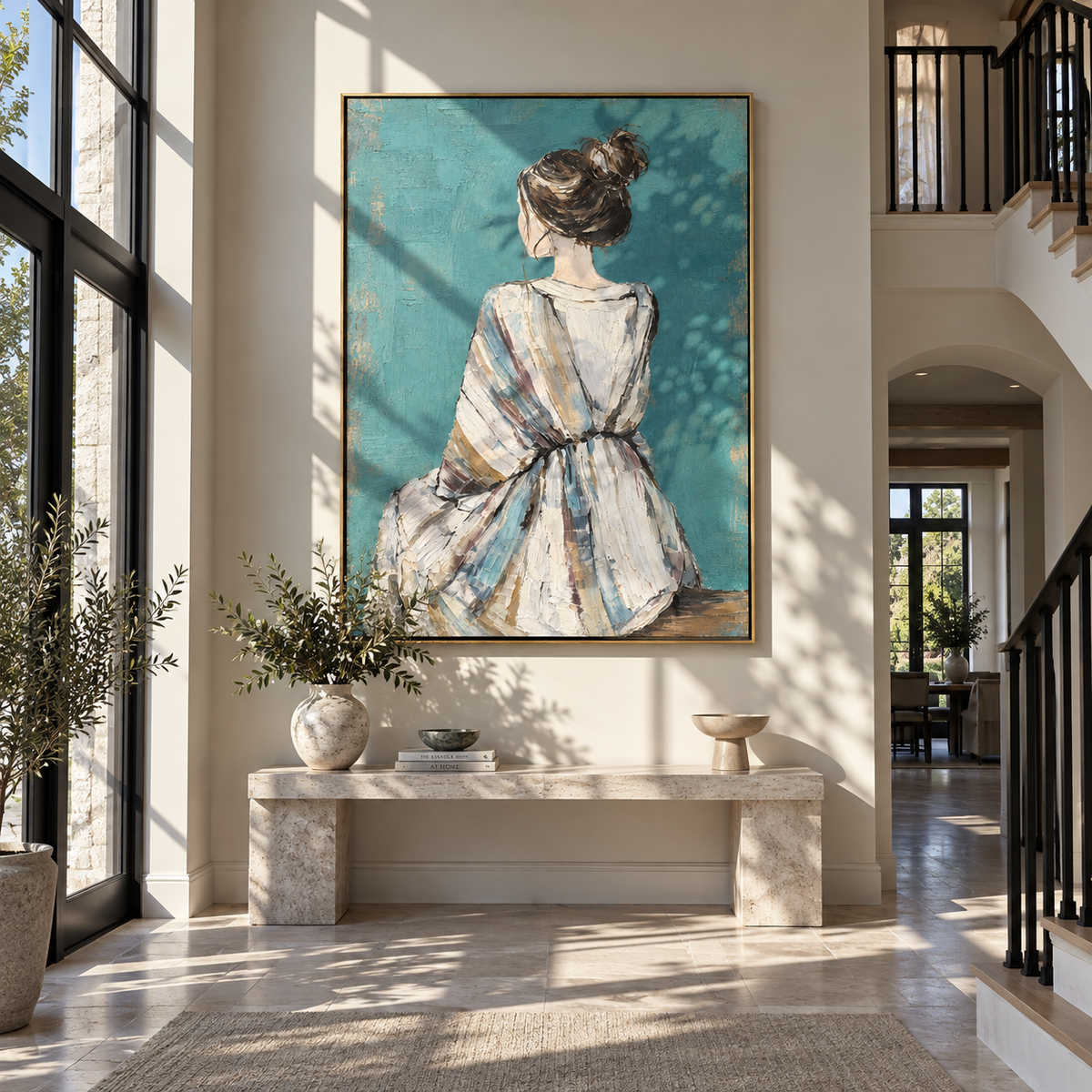 Blue Dress Faces Stillness – back facing woman in blue dress, Retro Modern vertical wall art - displayed along a stair landing