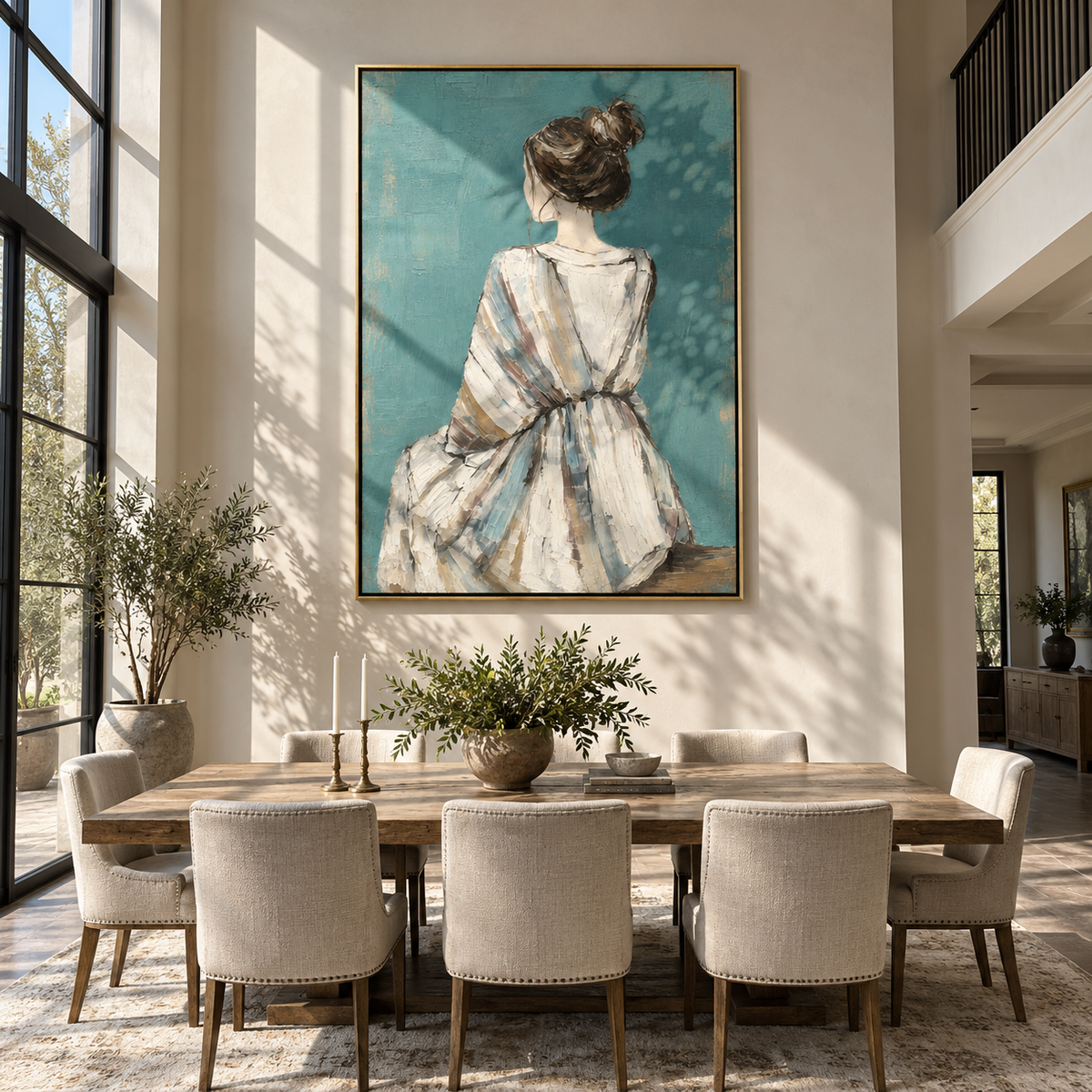 Blue Dress Faces Stillness – back facing woman in blue dress, Retro Modern vertical wall art - displayed above a narrow living room console