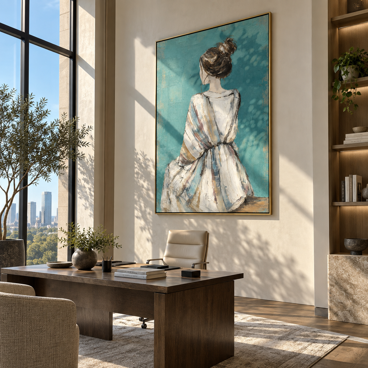 Blue Dress Faces Stillness – back facing woman in blue dress, Retro Modern vertical wall art - displayed in a quiet reading corner