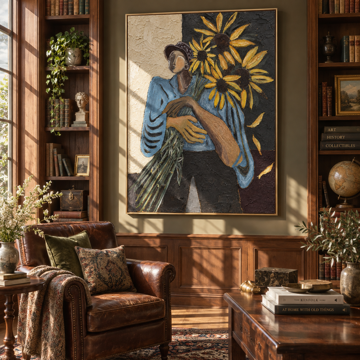 Sunflowers Shelter Blue Sleeves – woman holding sunflowers, Retro Modern vertical wall art - displayed beside a bedroom dresser