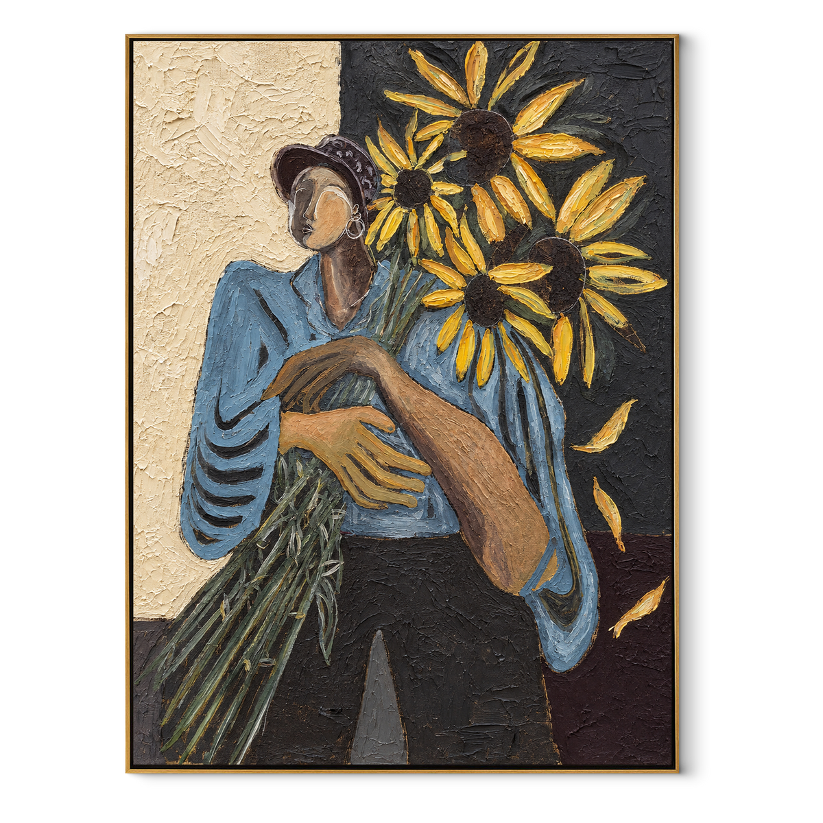 Sunflowers Shelter Blue Sleeves – woman holding sunflowers, Retro Modern vertical wall art - wood frame on white background