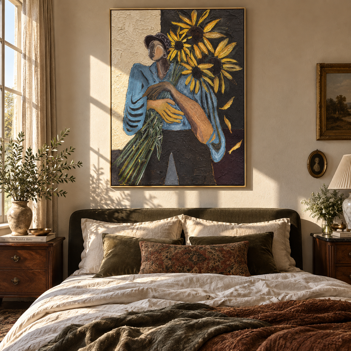 Sunflowers Shelter Blue Sleeves – woman holding sunflowers, Retro Modern vertical wall art - displayed through an entryway