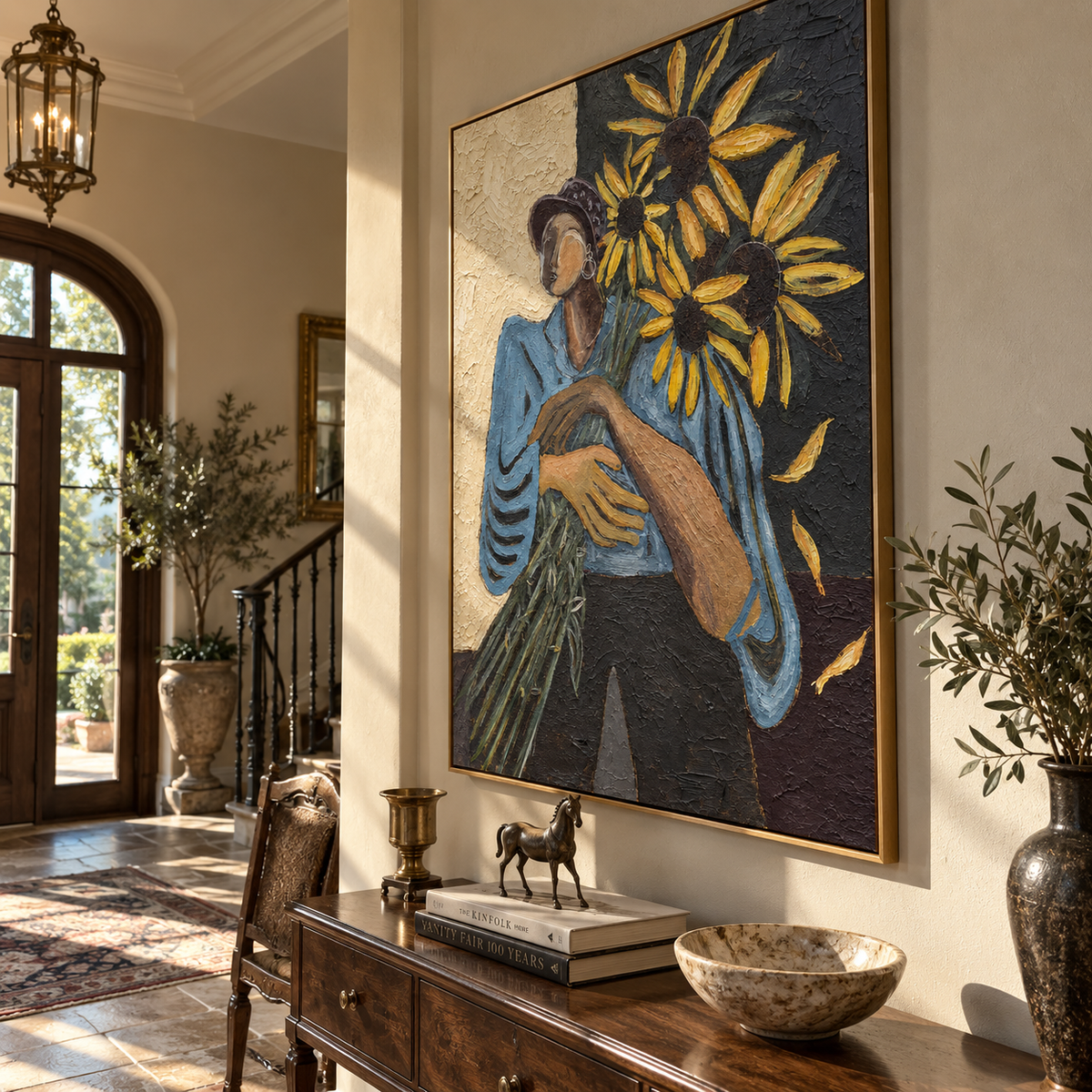 Sunflowers Shelter Blue Sleeves – woman holding sunflowers, Retro Modern vertical wall art - displayed above a narrow living room console