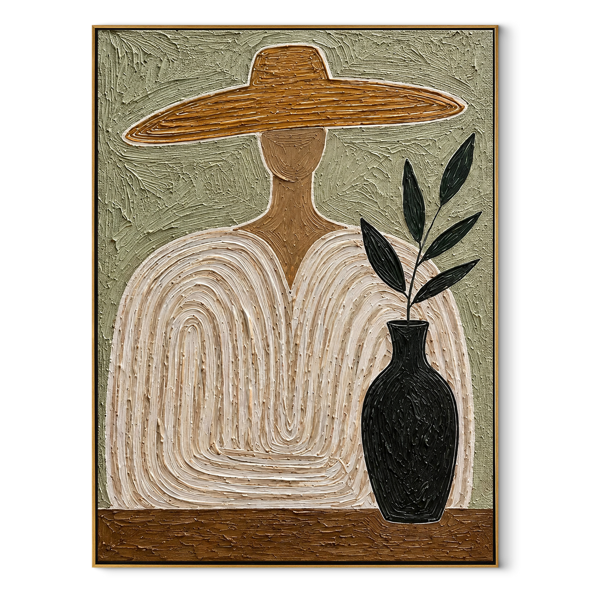 Quiet Outline – wide-brim figure with vase, Retro Modern vertical wall art - wood frame on white background