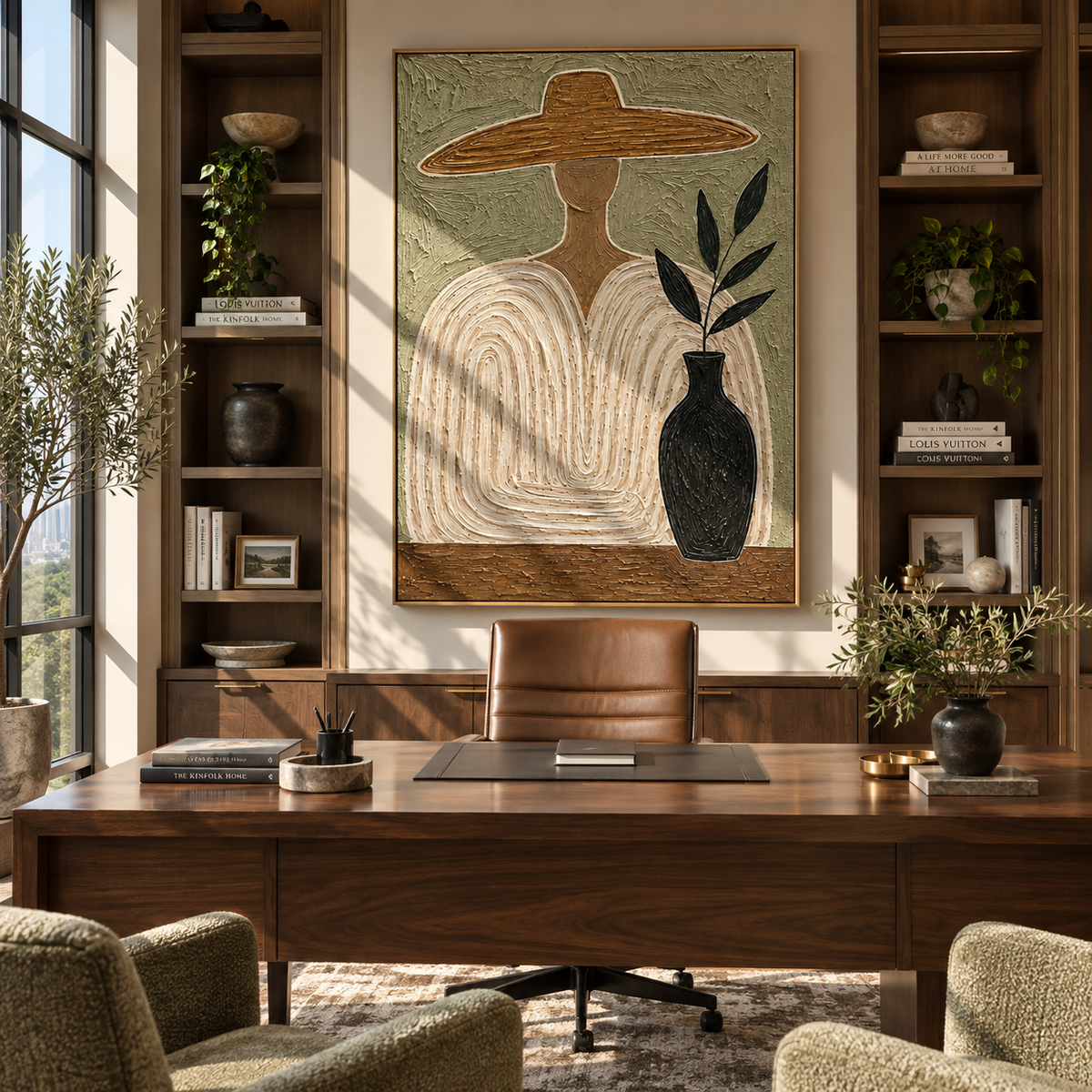 Quiet Outline – wide-brim figure with vase, Retro Modern vertical wall art - displayed through an entryway