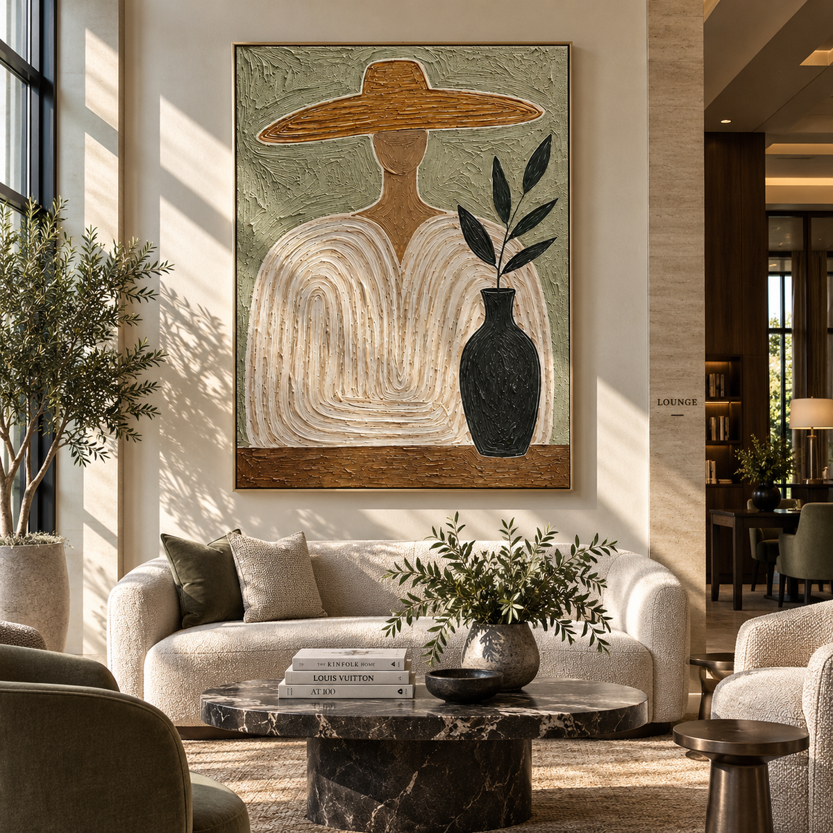 Quiet Outline – wide-brim figure with vase, Retro Modern vertical wall art - displayed along a stair landing