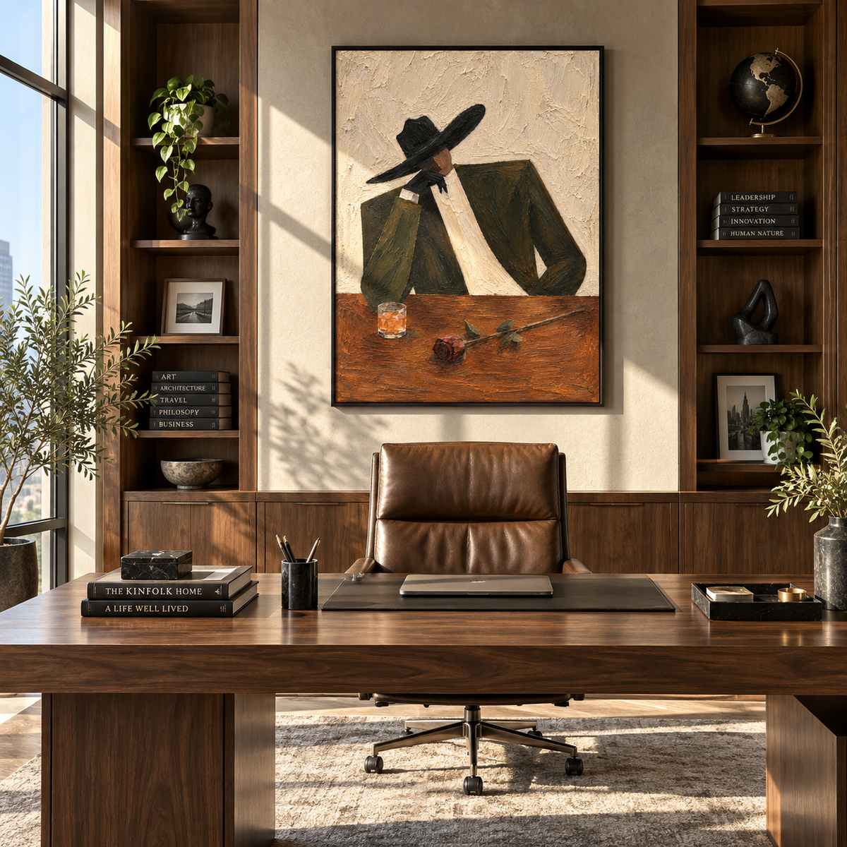 After Hours – tailored figure at the bar, Retro Modern vertical wall art - displayed beside a bedroom dresser