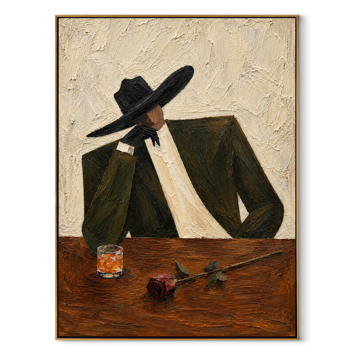 After Hours – tailored figure at the bar, Retro Modern vertical wall art - wood frame on white background