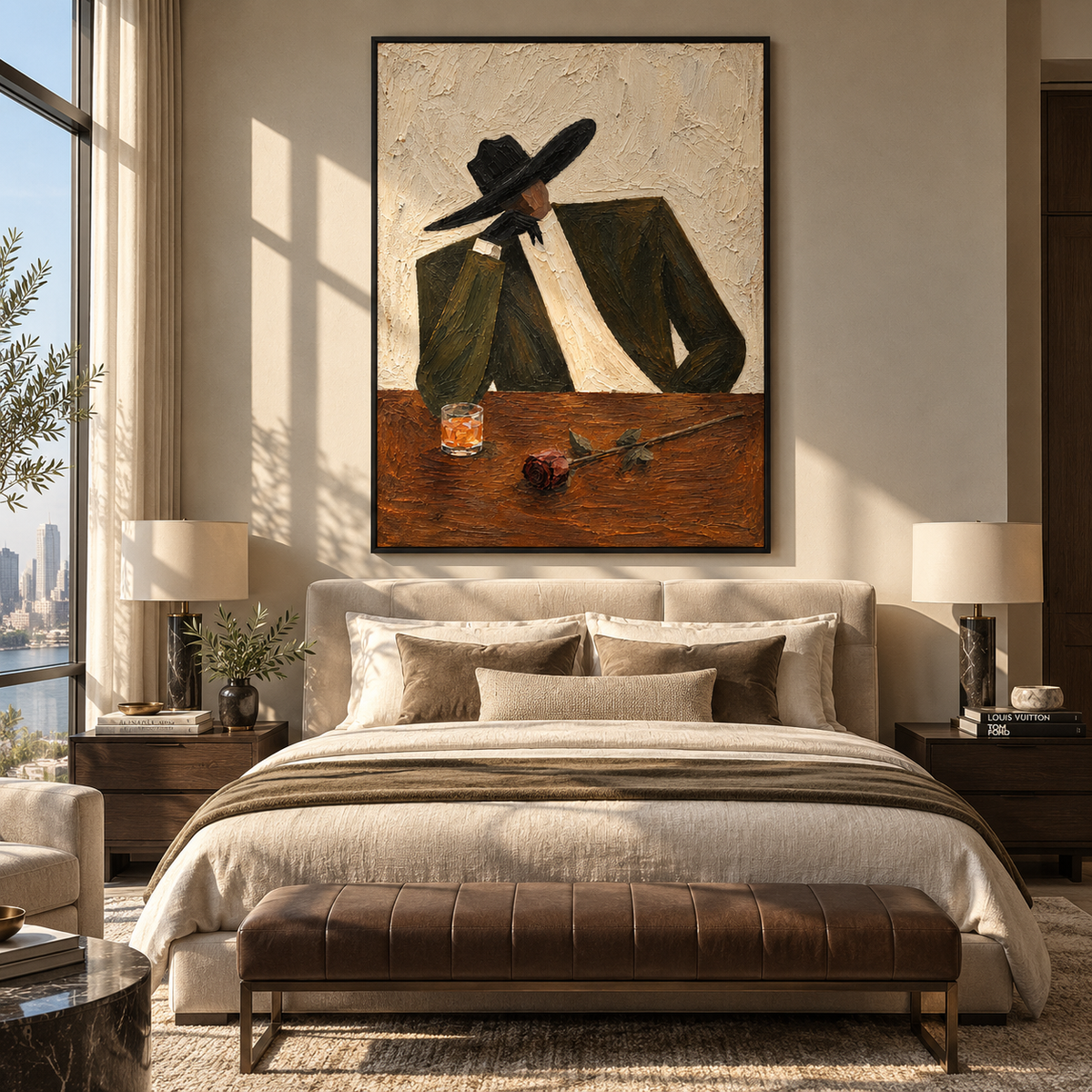 After Hours – tailored figure at the bar, Retro Modern vertical wall art - displayed through an entryway