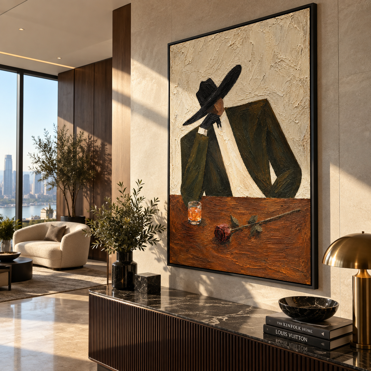 After Hours – tailored figure at the bar, Retro Modern vertical wall art - displayed above a narrow living room console
