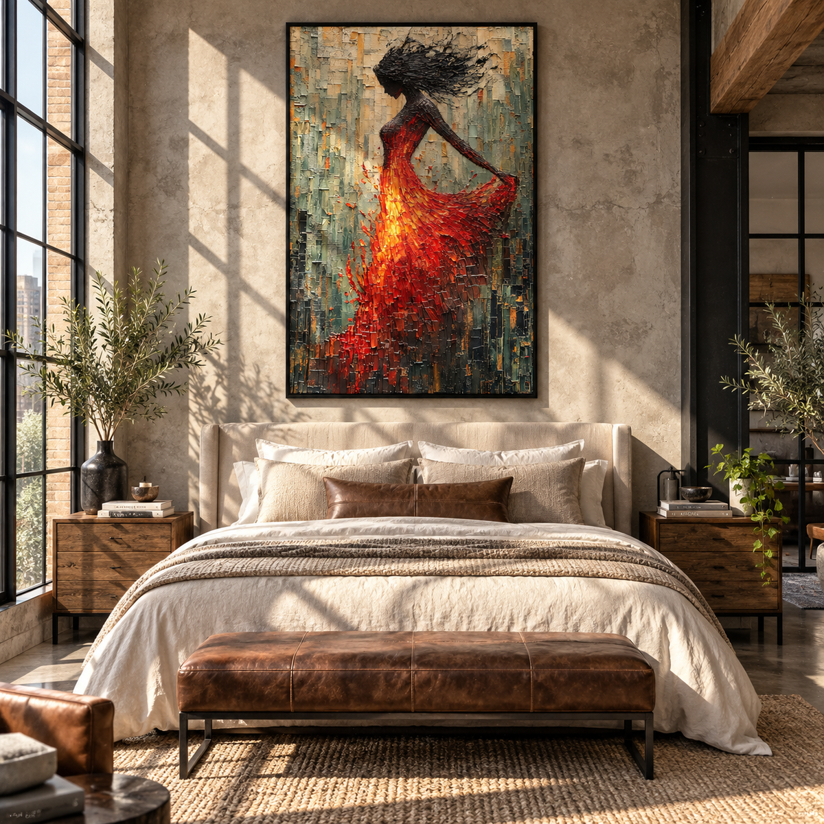 Scarlet Motion – dancing woman in red dress, Retro Modern vertical wall art - displayed beside a bedroom dresser