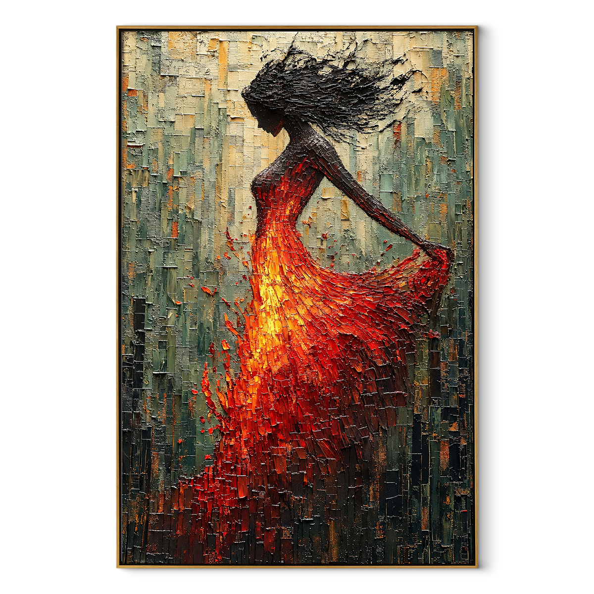 Scarlet Motion – dancing woman in red dress, Retro Modern vertical wall art - wood frame on white background