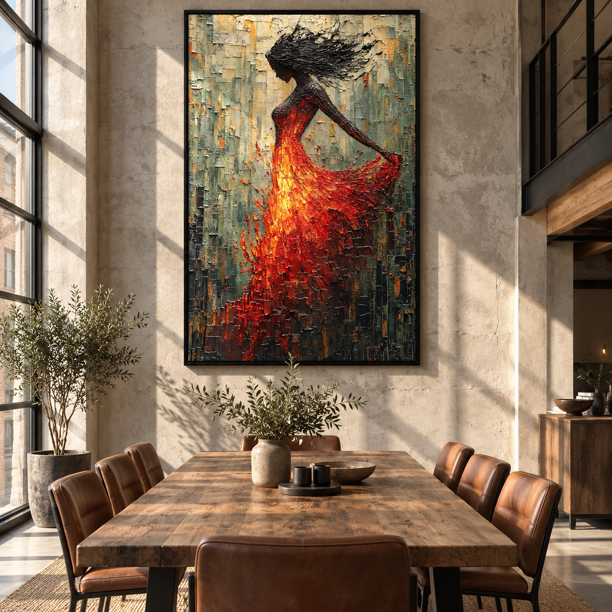Scarlet Motion – dancing woman in red dress, Retro Modern vertical wall art - displayed through an entryway