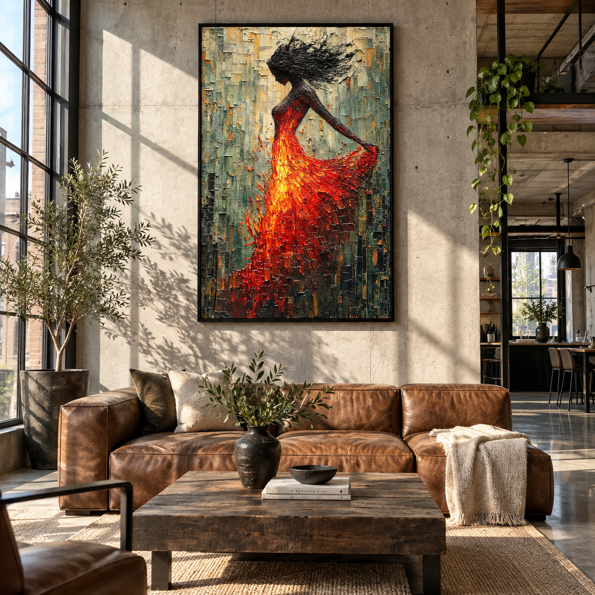 Scarlet Motion – dancing woman in red dress, Retro Modern vertical wall art - displayed above a narrow living room console