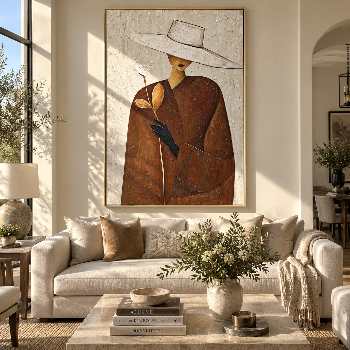 Ivory Bloom – woman in white hat holding flower, Retro Modern vertical wall art - displayed along a stair landing