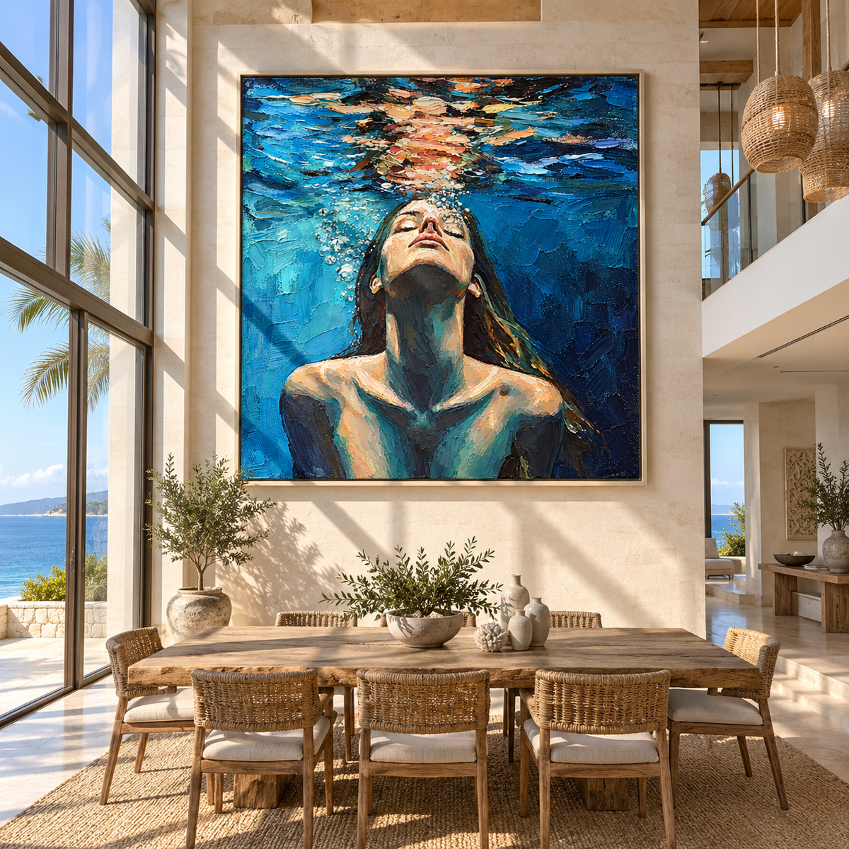 Blue Awakening – woman floating beneath water, Retro Modern square wall art - displayed on a calm bedroom wall