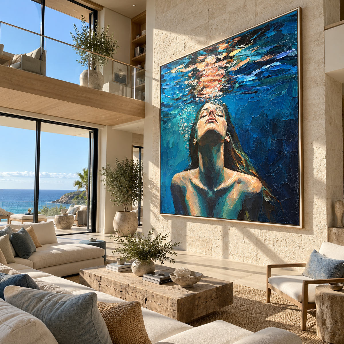 Blue Awakening – woman floating beneath water, Retro Modern square wall art - displayed beside a home office desk