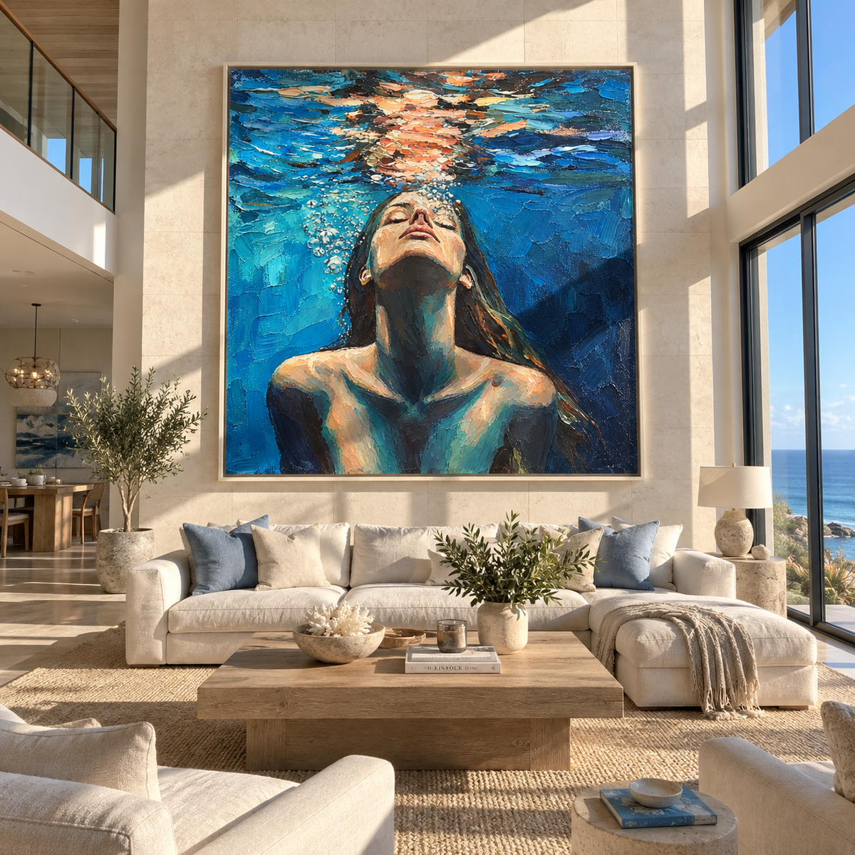 Blue Awakening – woman floating beneath water, Retro Modern square wall art - displayed over a low oak cabinet