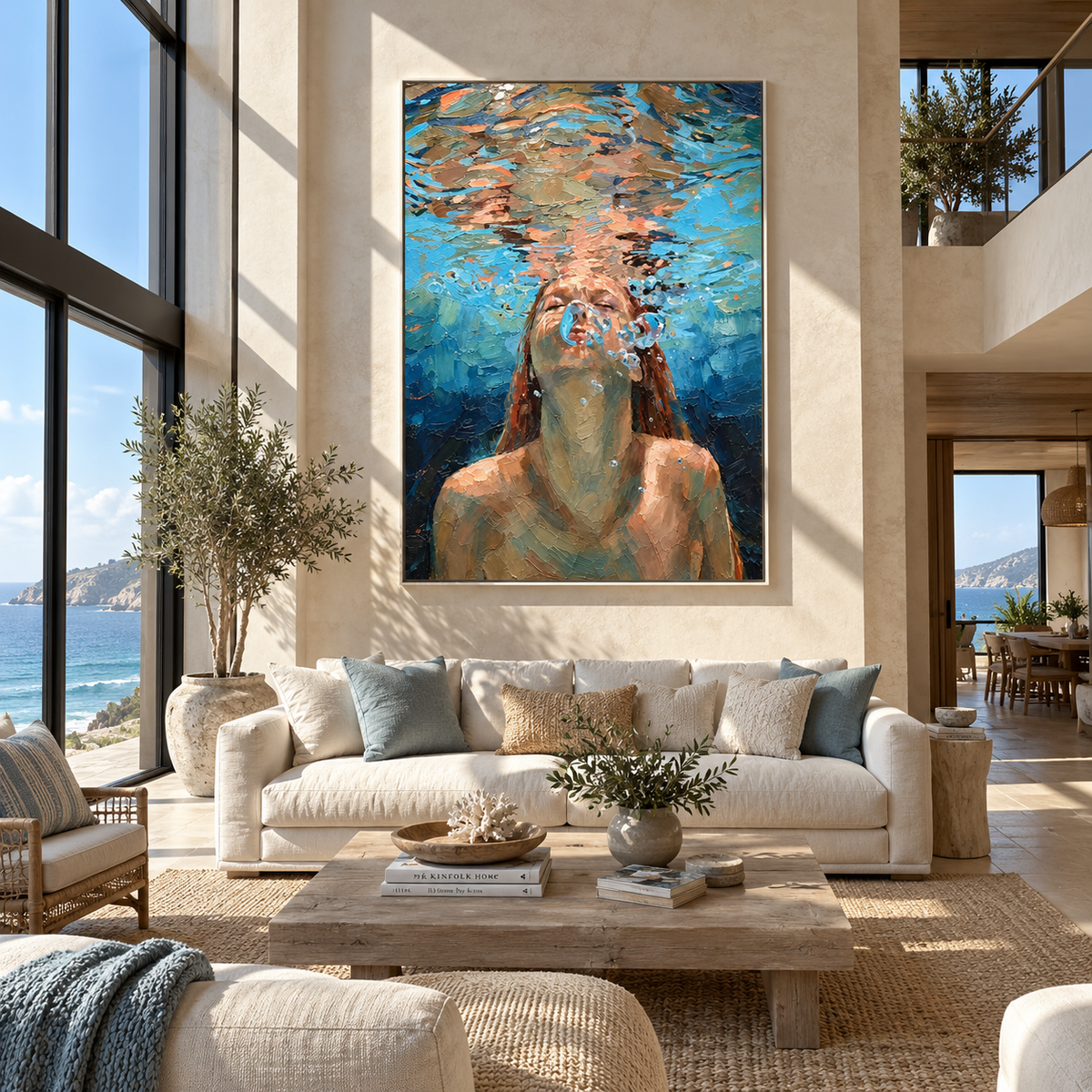 Surface Light – woman rising through blue water, Retro Modern vertical wall art - displayed beside a bedroom dresser