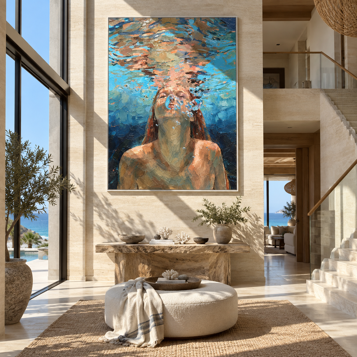 Surface Light – woman rising through blue water, Retro Modern vertical wall art - displayed through an entryway