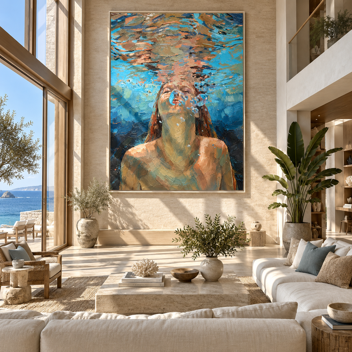 Surface Light – woman rising through blue water, Retro Modern vertical wall art - displayed along a stair landing