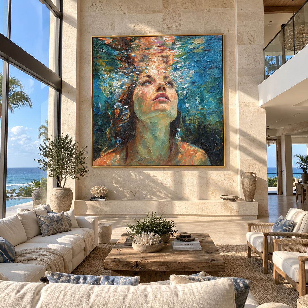 Tidal Breath – close-up woman underwater, Retro Modern square wall art - displayed above a living room console
