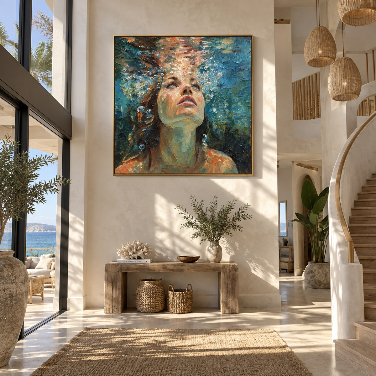 Tidal Breath – close-up woman underwater, Retro Modern square wall art - displayed on a calm bedroom wall