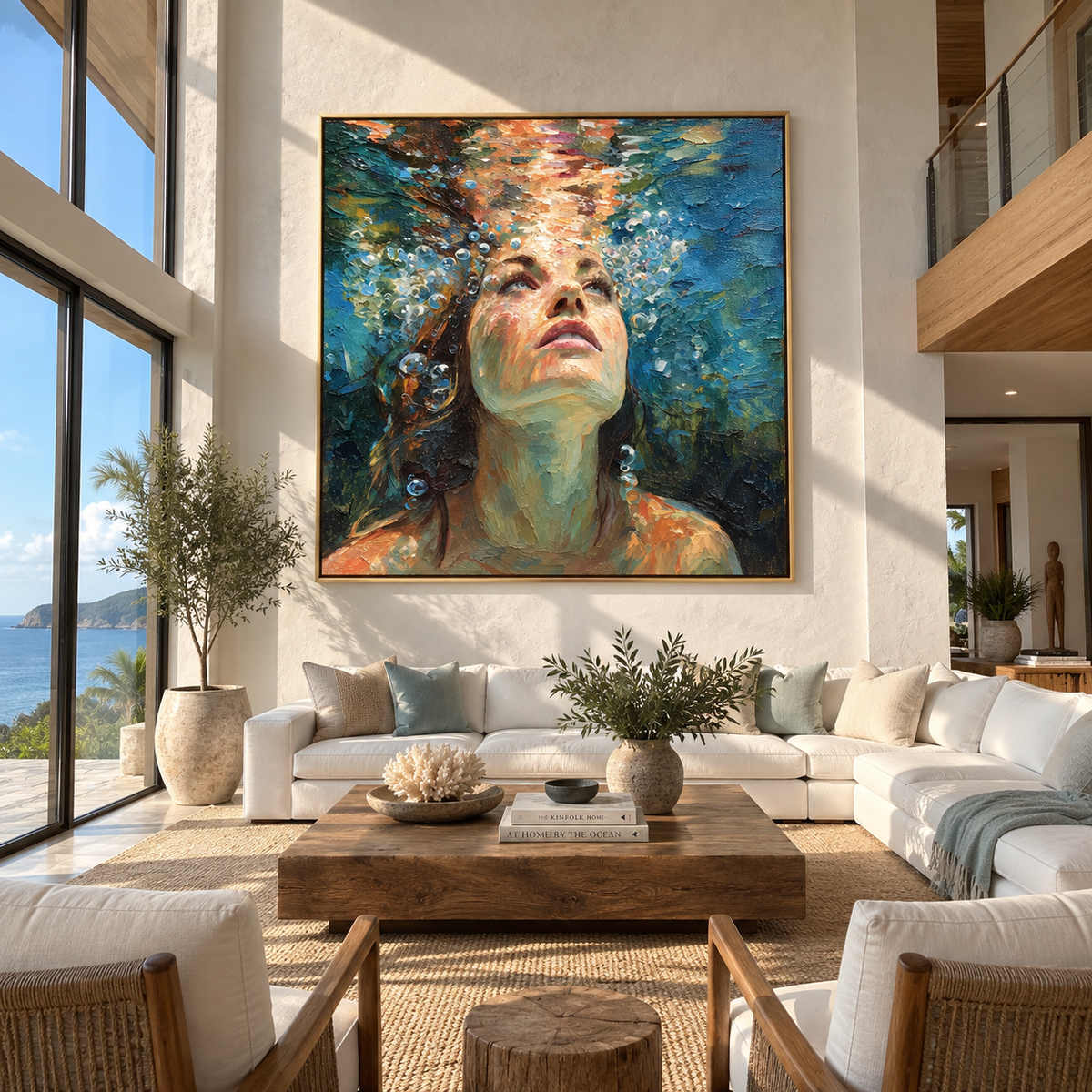 Tidal Breath – close-up woman underwater, Retro Modern square wall art - displayed beside a home office desk