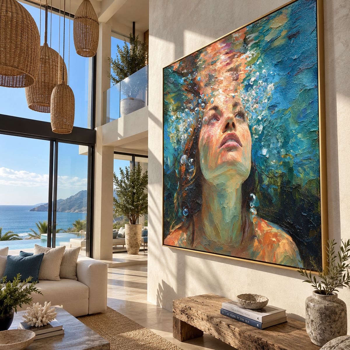 Tidal Breath – close-up woman underwater, Retro Modern square wall art - displayed in a collected modern lounge