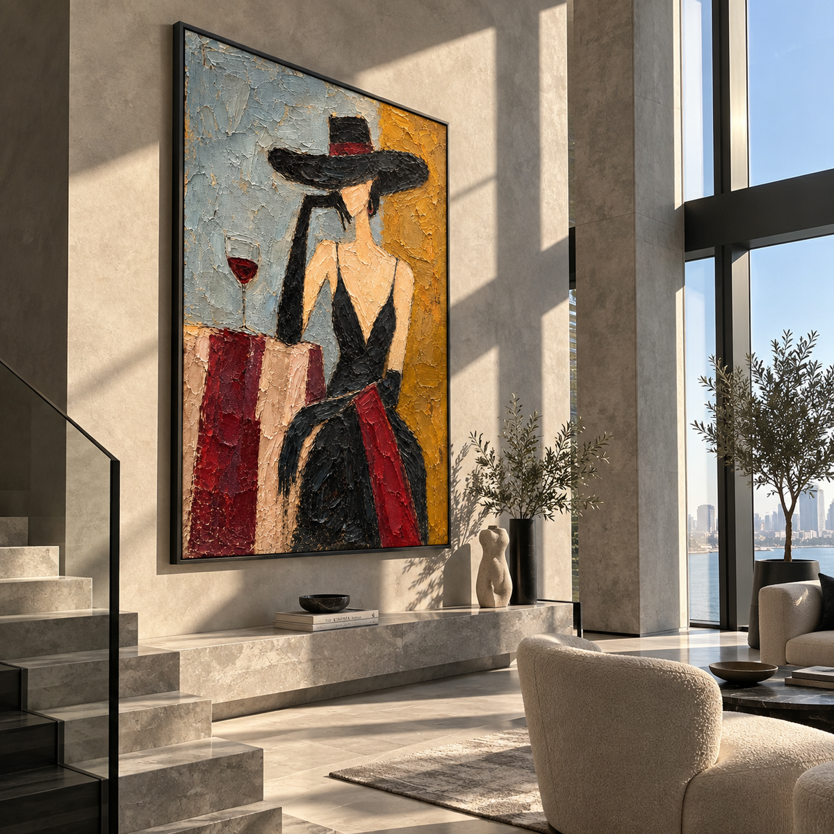 Noir Interlude – woman in black hat with wine, Retro Modern vertical wall art - displayed beside a bedroom dresser