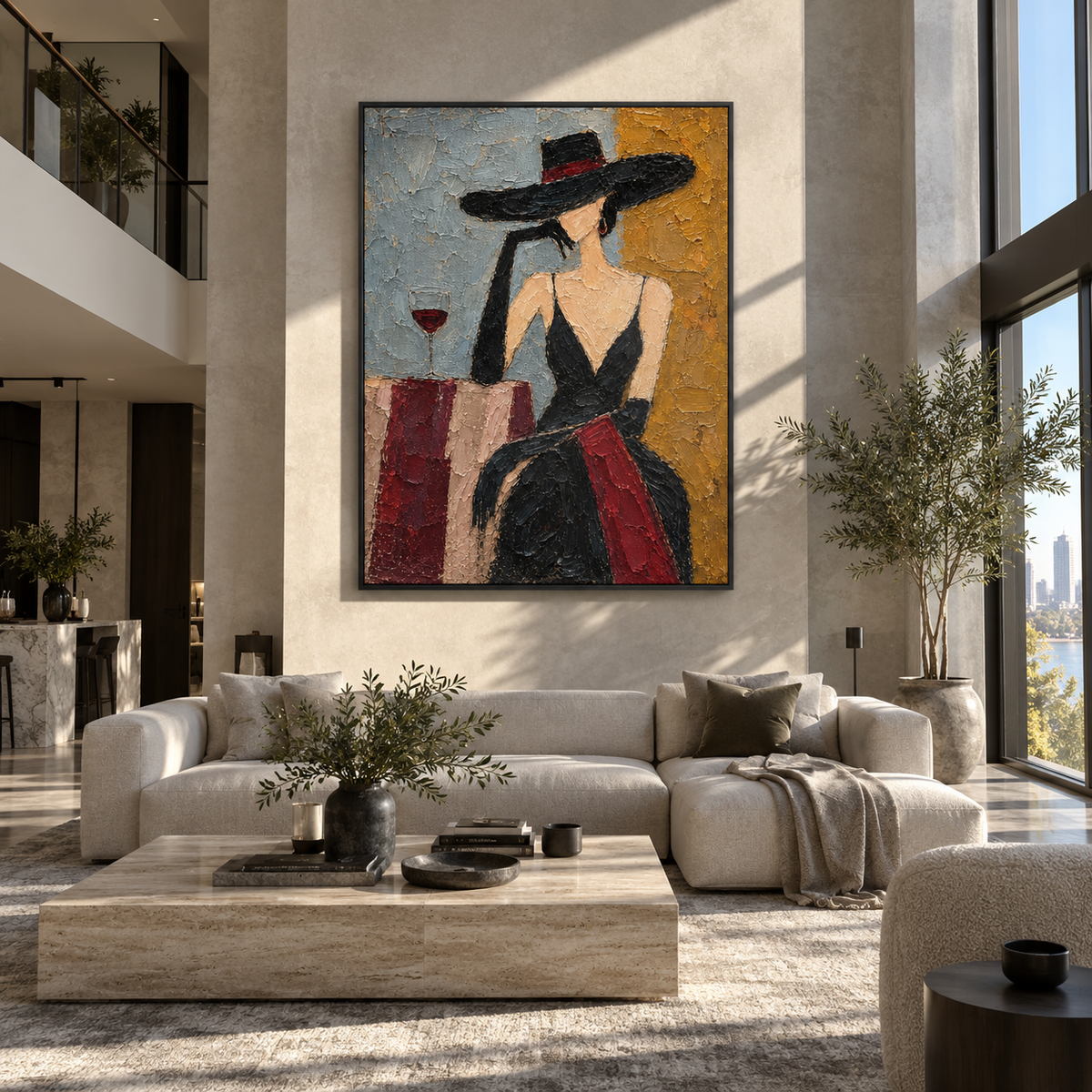 Noir Interlude – woman in black hat with wine, Retro Modern vertical wall art - displayed through an entryway