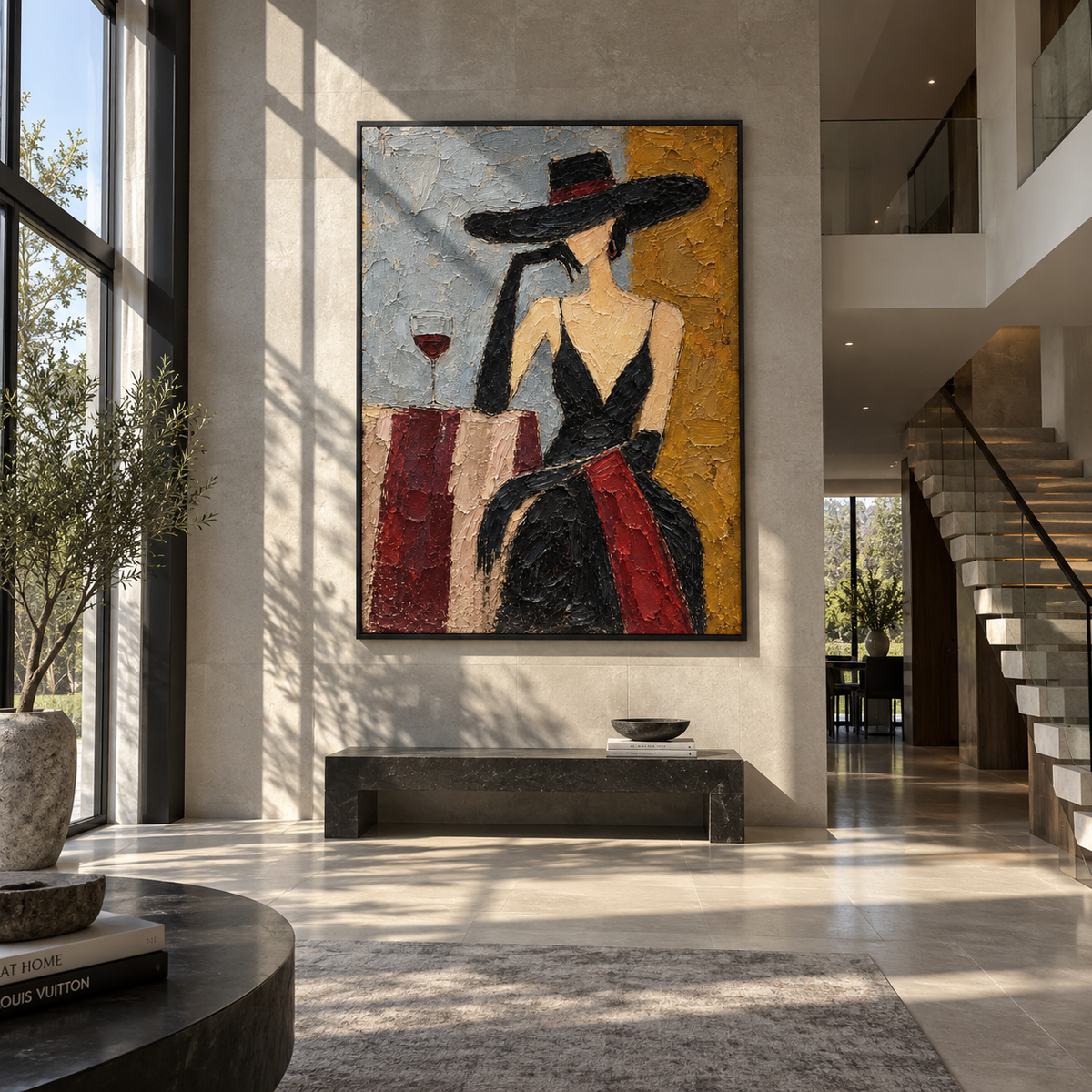 Noir Interlude – woman in black hat with wine, Retro Modern vertical wall art - displayed along a stair landing