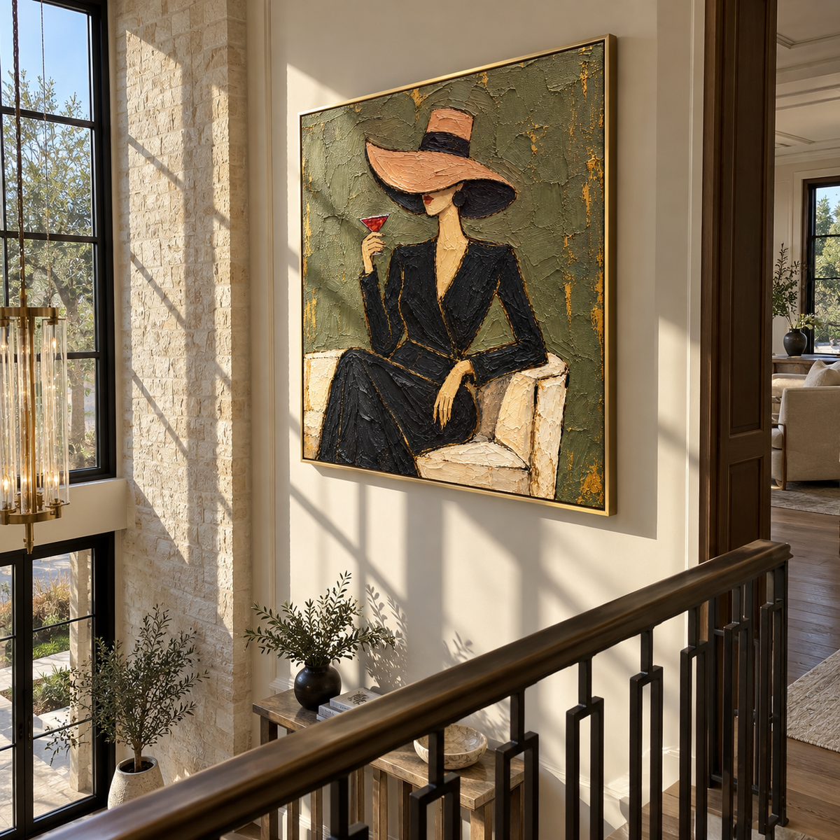 Olive Hour – woman in black suit with cocktail, Retro Modern square wall art - displayed above a living room console