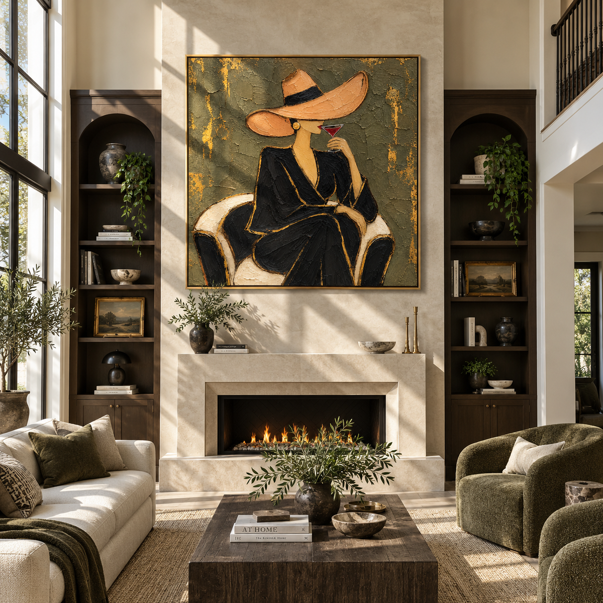 Golden Pause – woman in black dress with martini, Retro Modern square wall art - displayed above a living room console